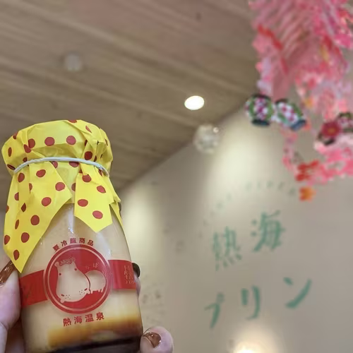 熱海プリン 特製カラメルシロップ付を手に持った様子
