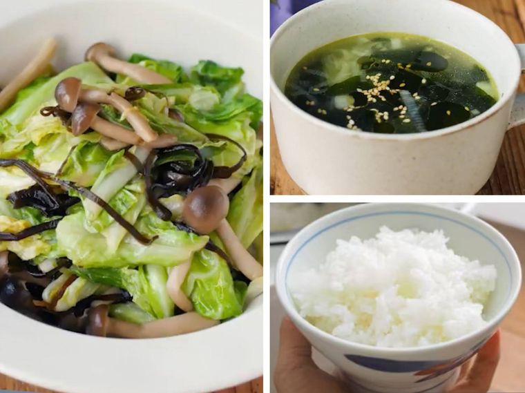 キャベツ炒め、わかめスープ、ご飯のコラージュ画像