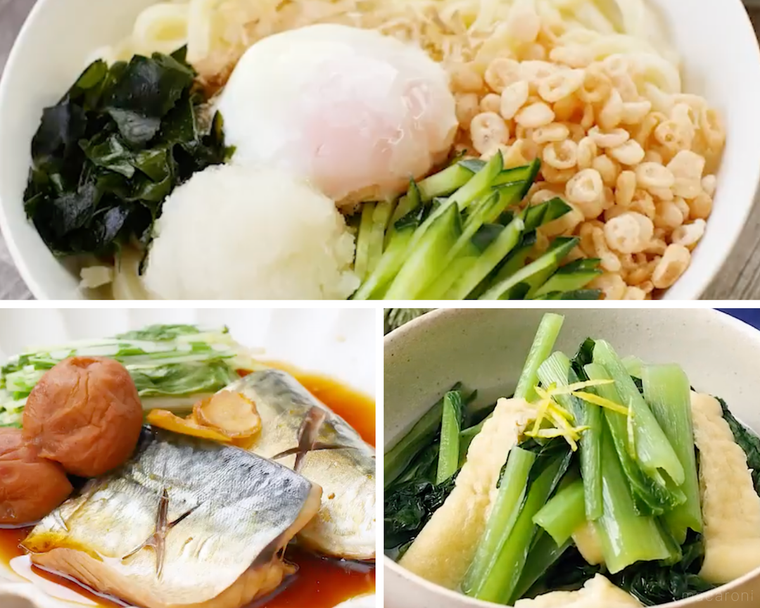 冷やしうどん、さばの梅煮、小松菜のおひたし