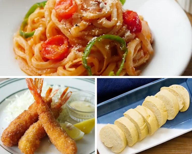 冷やしうどん、エビフライ、だし巻き卵