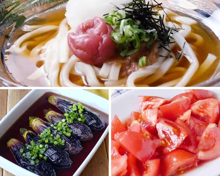 冷やしうどん、なすの揚げびたし、トマトのマリネ