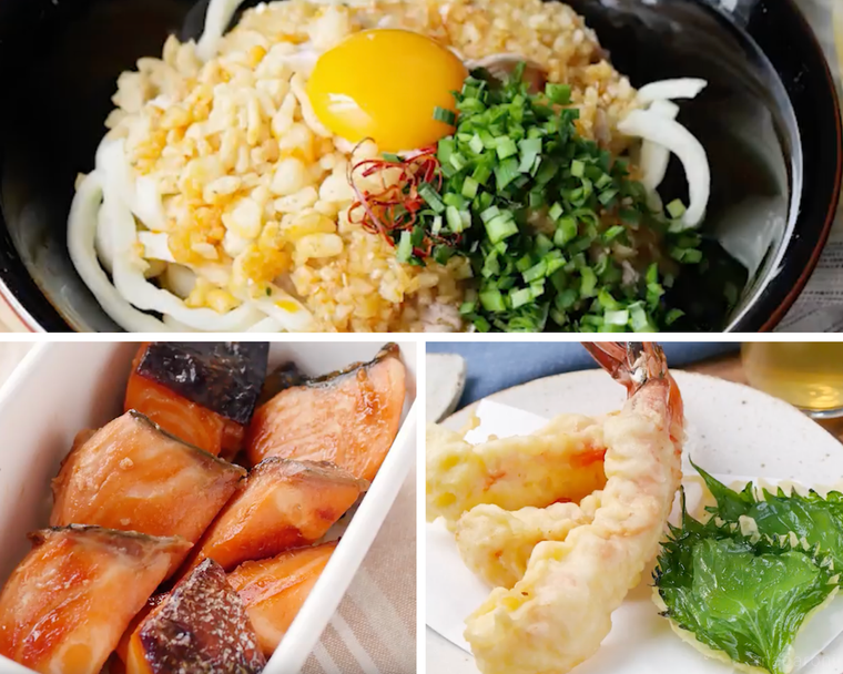 ぶっかけうどん、焼き鮭、天ぷら
