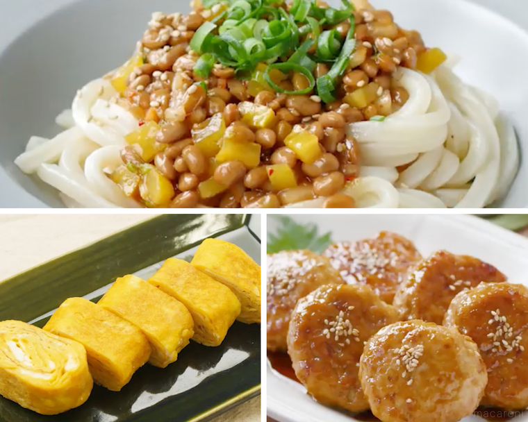 納豆うどん、卵焼き、鶏つくね