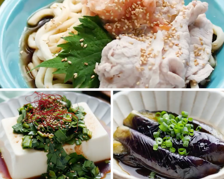冷しゃぶうどん、冷奴、なすの煮びたし