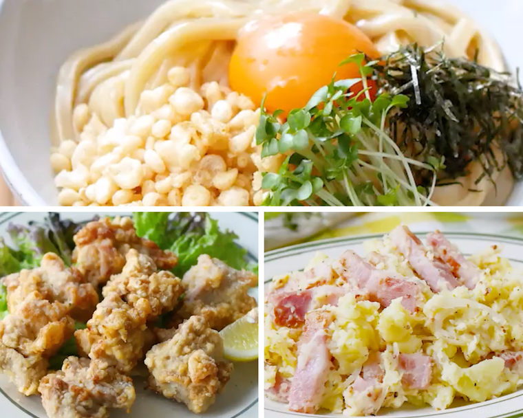 冷やしうどん、唐揚げ、ポテトサラダ