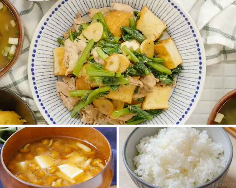 厚揚げと小松菜炒め、豆腐となめこのみそ汁、ごはん