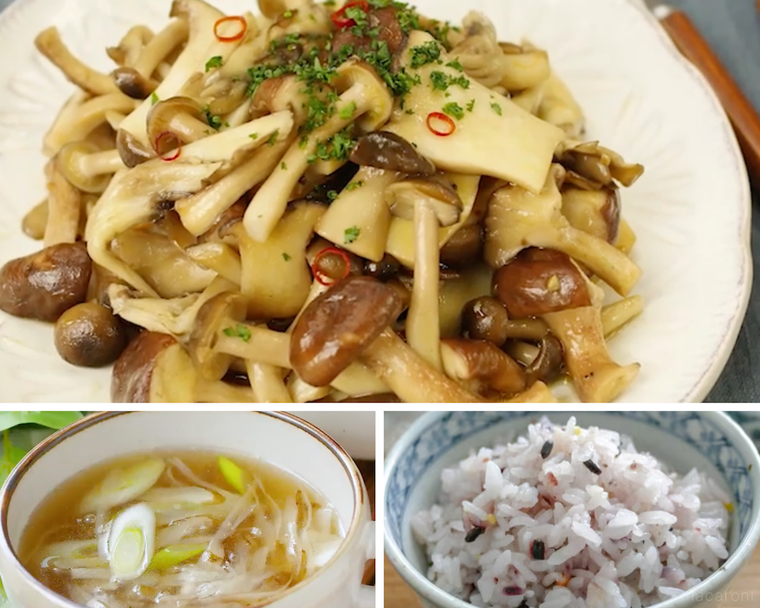 きのこ炒め、ごぼうと長ねぎの和風スープ、雑穀ごはん