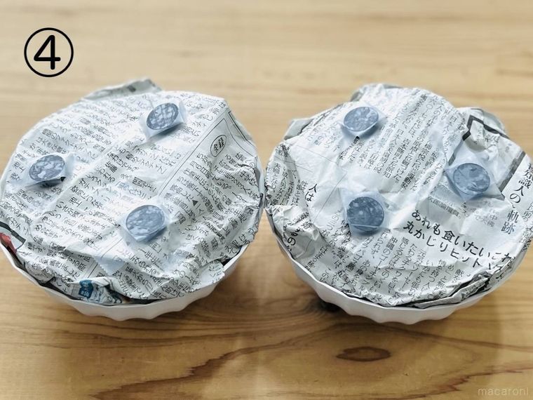 丼に詰めた新聞紙に磁石を貼った様子