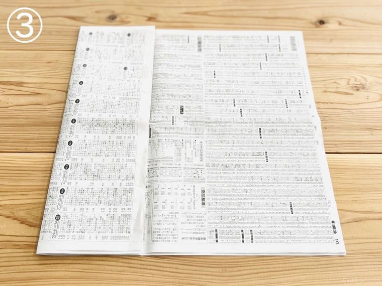 新聞紙でスリッパを作っている様子