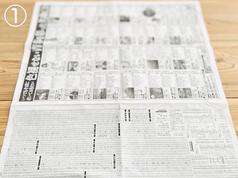 新聞紙を2枚重ね、縦向きに置いた様子