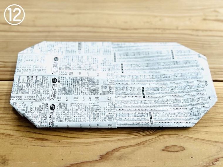 新聞紙でスリッパを作っている様子