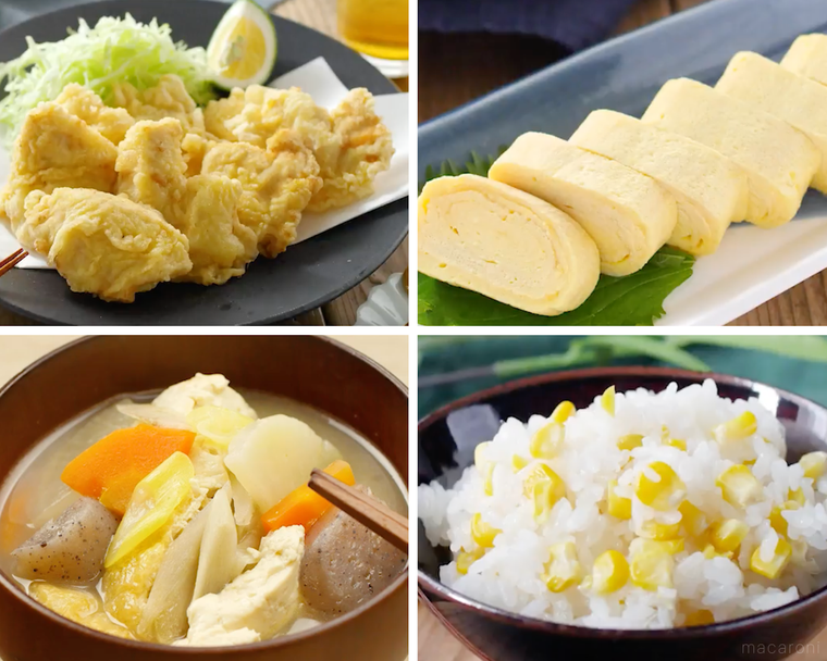 とり天、だし巻き卵、けんちん汁、とうもろこしご飯