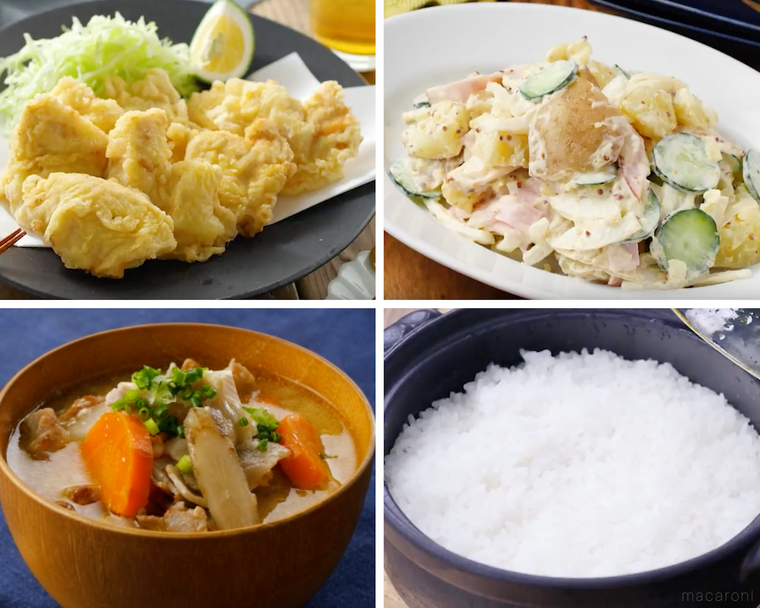 とり天、ポテトサラダ、豚汁、白ご飯