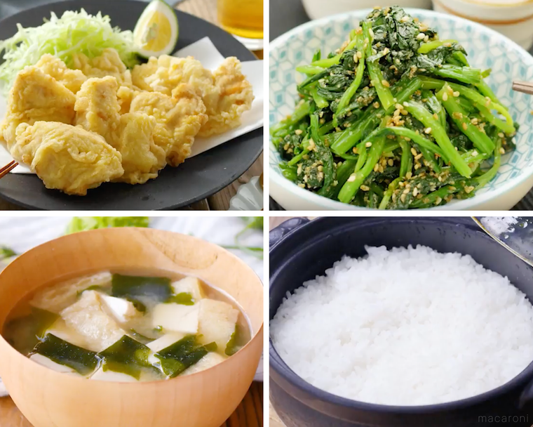 とり天、ほうれん草のごま和え、豆腐とわかめの味噌汁、白ご飯