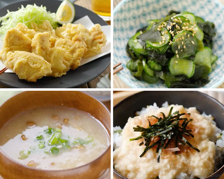 とり天、きゅうりとわかめの酢の物、大根おろしとなめこの味噌汁、梅しそとろろご飯