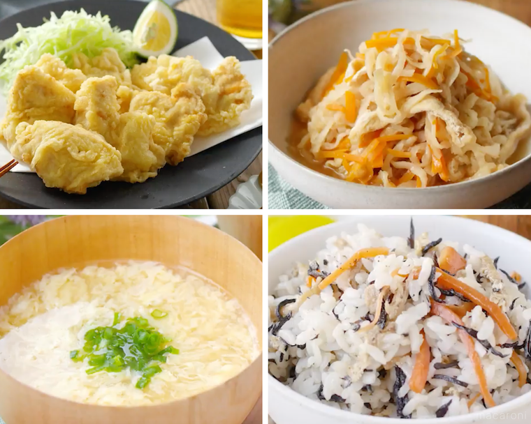 とり天、切り干し大根、かきたま汁、ひじき混ぜご飯