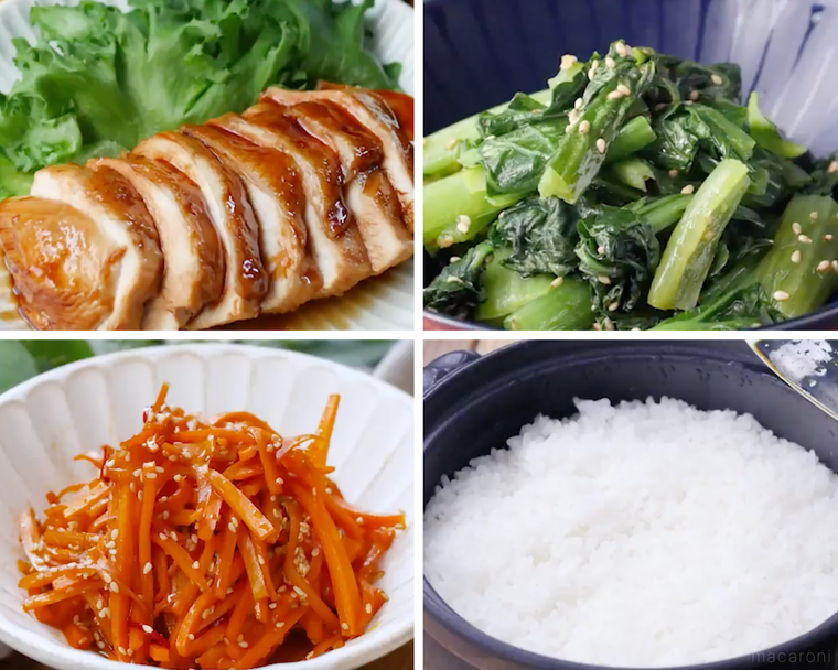 鶏の照り焼き、小松菜ナムル、にんじんきんぴら、ご飯