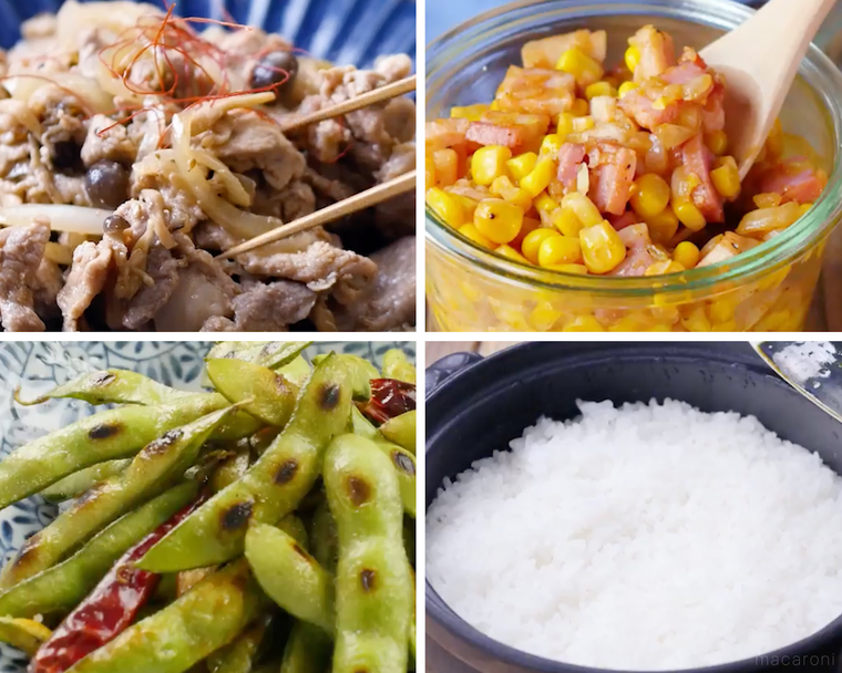 豚こま焼肉、コーンバターそぼろ、枝豆ペペロンチーノ、ご飯