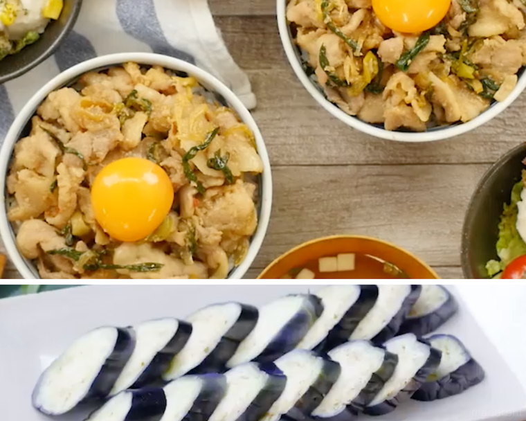 豚丼、なすの漬物