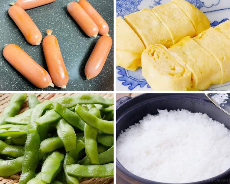 ウインナー、卵焼き、枝豆、ご飯