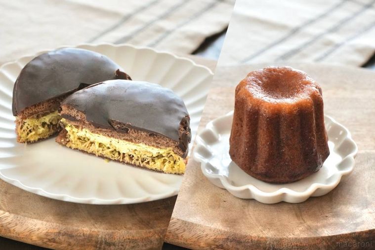 木のカッティングボードと白い皿にのったドバイチョコサンドとカヌレ型バター餅