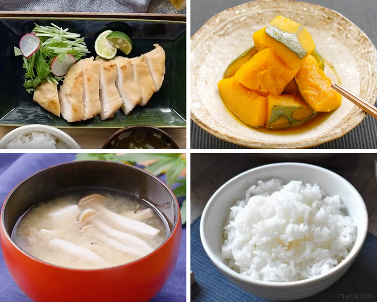 鶏むね肉の塩こうじ西京焼き、かぼちゃの煮物、味噌汁、ごはん