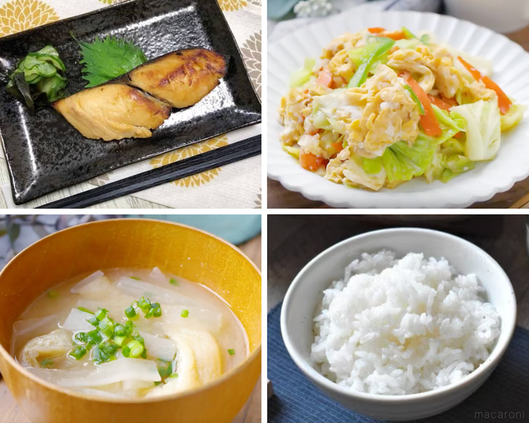 さわらの西京焼き、野菜と卵の炒め物、味噌汁、ごはん