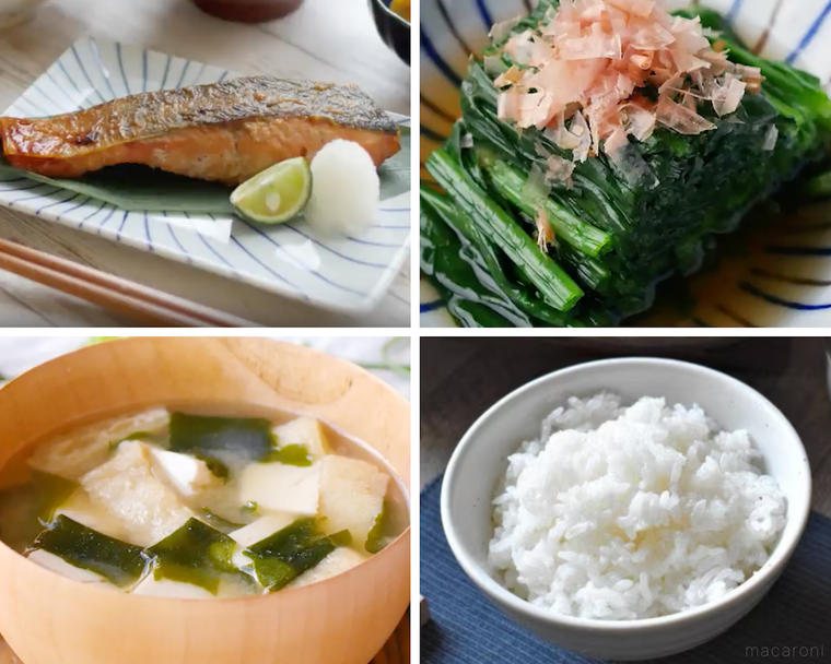 鮭の西京焼き、ほうれん草のおひたし、味噌汁、ごはん