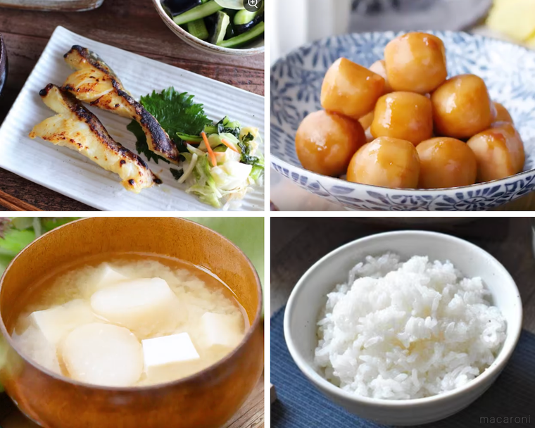 たらの西京焼き、さといもの煮物、味噌汁、ごはん