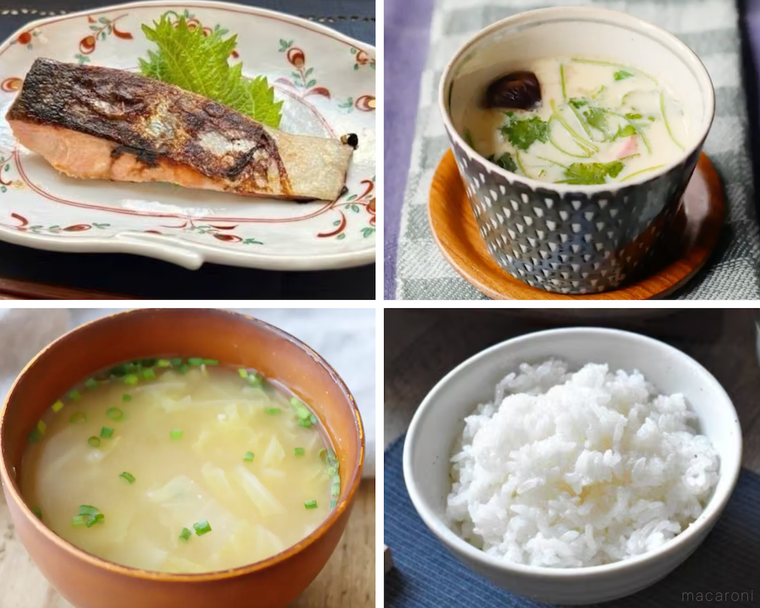 鮭の西京焼き、茶碗蒸し、味噌汁、ごはん