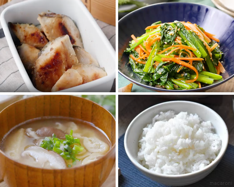 さわらの西京焼き、小松菜とにんじんのナムル、味噌汁、ごはん