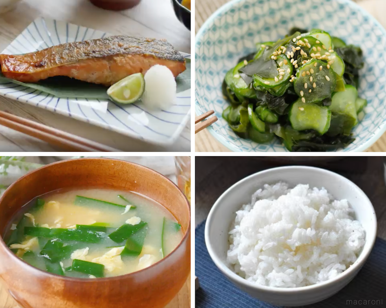 鮭の西京焼き、酢の物、味噌汁、ごはん
