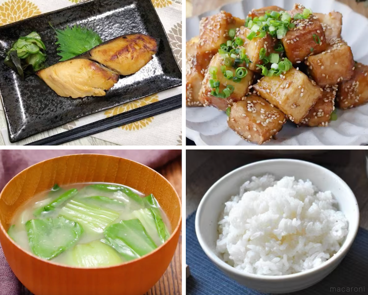 さわらの西京焼き、厚揚げの照り焼き、味噌汁、ごはん