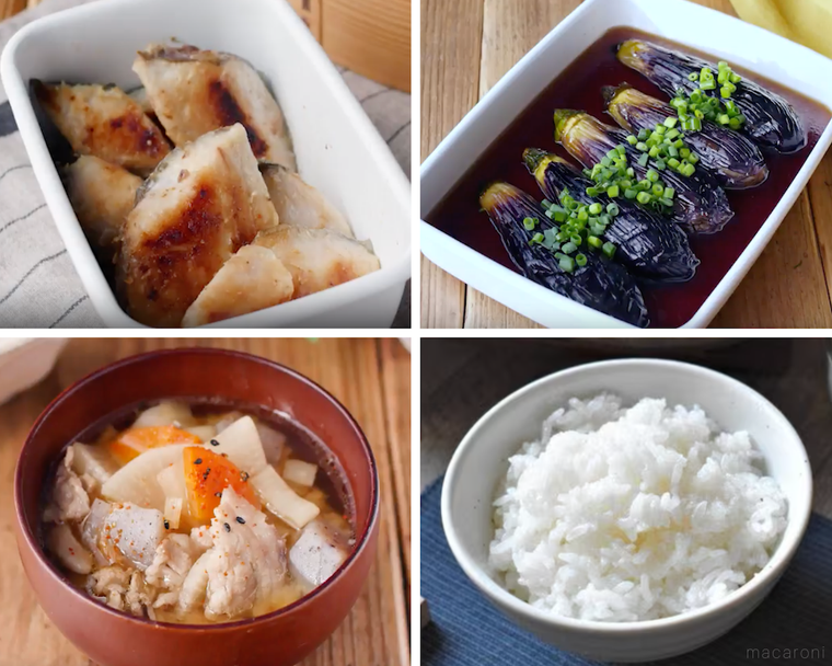 さわらの西京焼き、なすの揚げ浸し、豚汁、ごはん