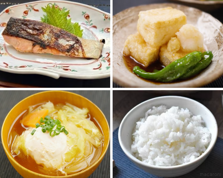 鮭の西京焼き、揚げ出し豆腐、味噌汁、ごはん