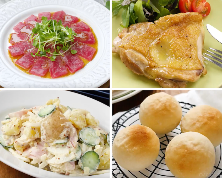カルパッチョ、チキンソテー、ポテトサラダ、パン
