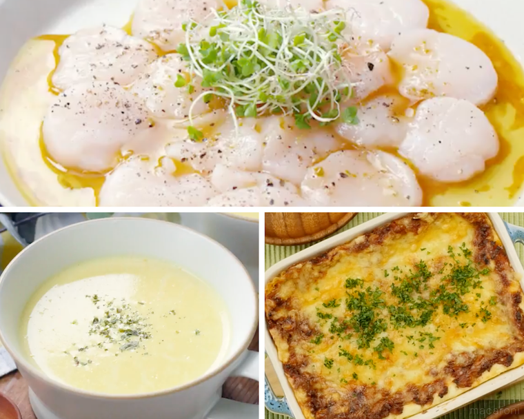 カルパッチョ、スープ、ラザニア