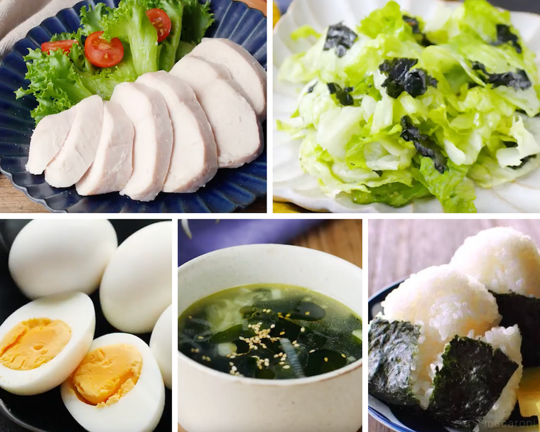 サラダチキン、サラダ、ゆで卵、スープ、おにぎり