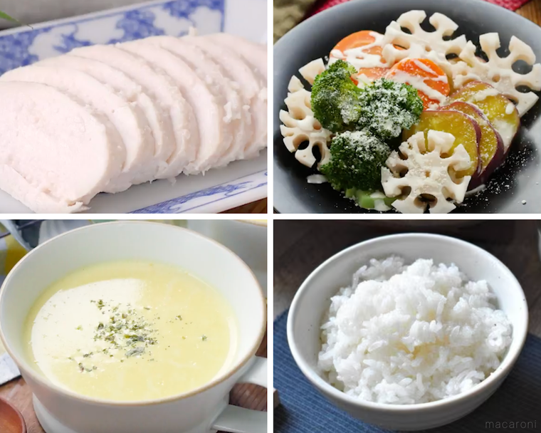 サラダチキン、温野菜、スープ、ごはん