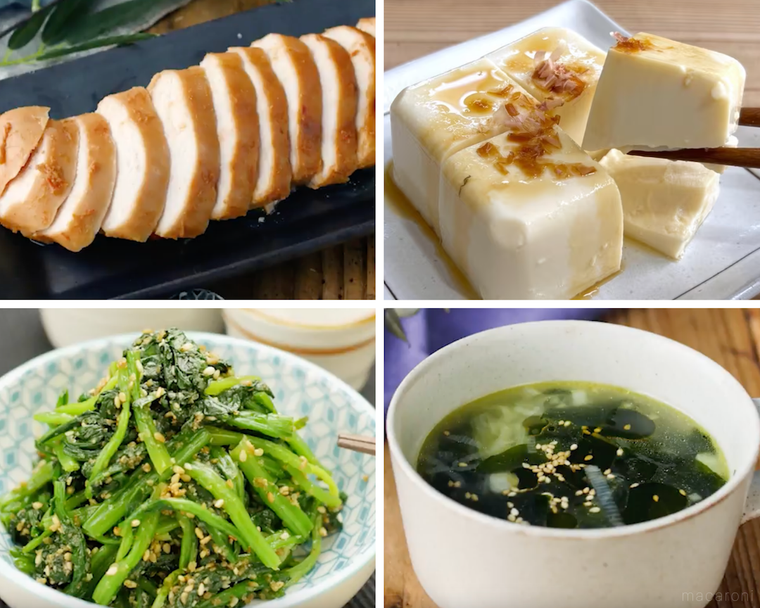 サラダチキン、冷ややっこ、ほうれん草のごま和え、スープ