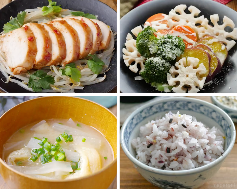 サラダチキン、温野菜、味噌汁、雑穀ごはん