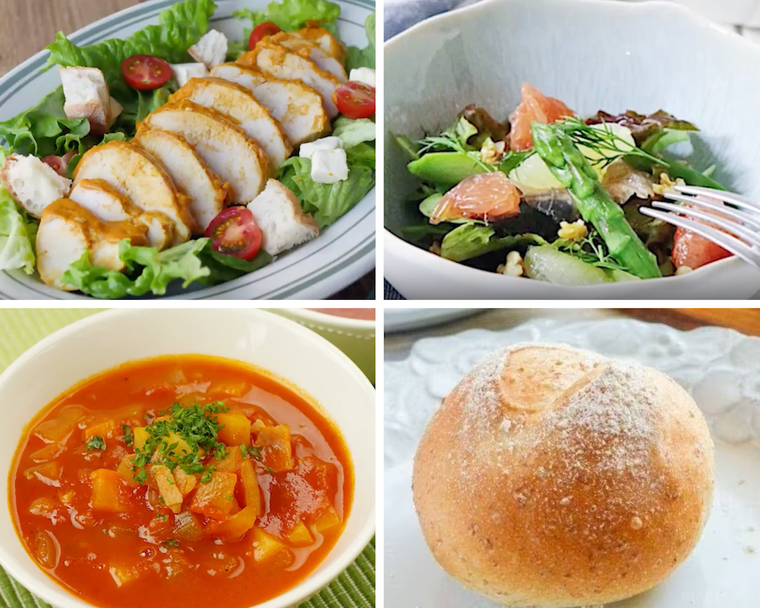 サラダチキン、サラダ、ミネストローネ、パン