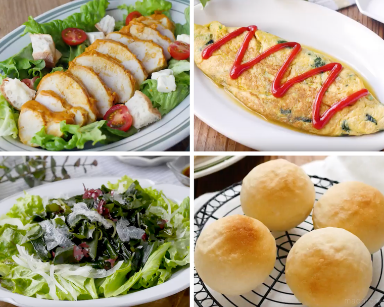 サラダチキン、オムレツ、サラダ、パン