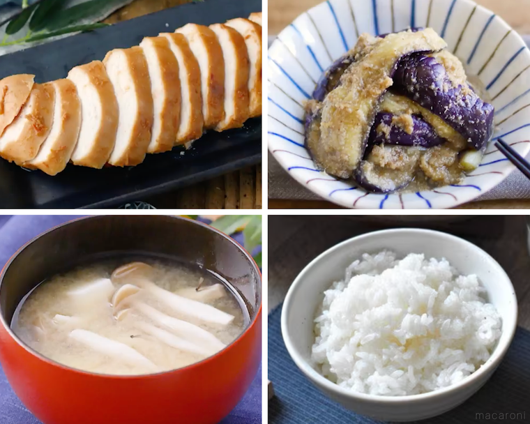 サラダチキン、蒸しなすのごま和え、味噌汁、ごはん