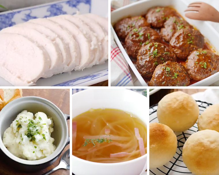 サラダチキン、ハンバーグ、マッシュポテト、スープ、パン