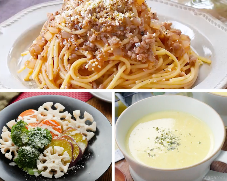 ボロネーゼ、温野菜サラダ、コーンスープ