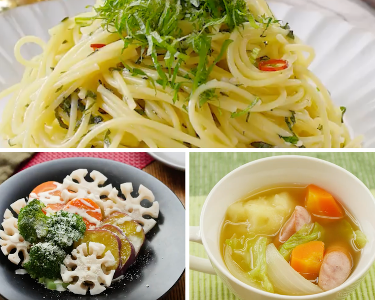 ペペロンチーノ、温野菜サラダ、野菜スープ