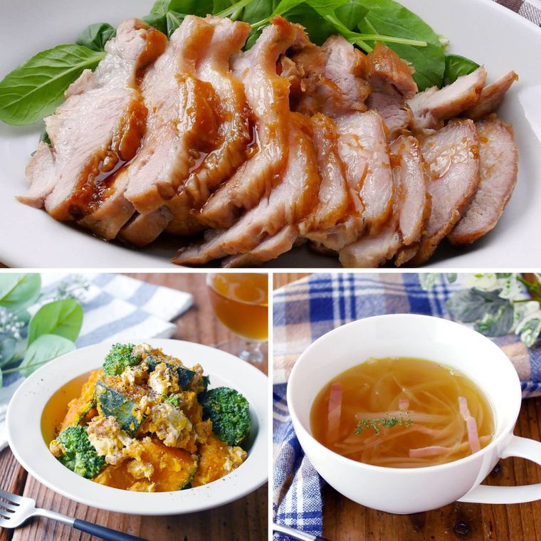 ローストポーク、温野菜サラダの献立コラージュ