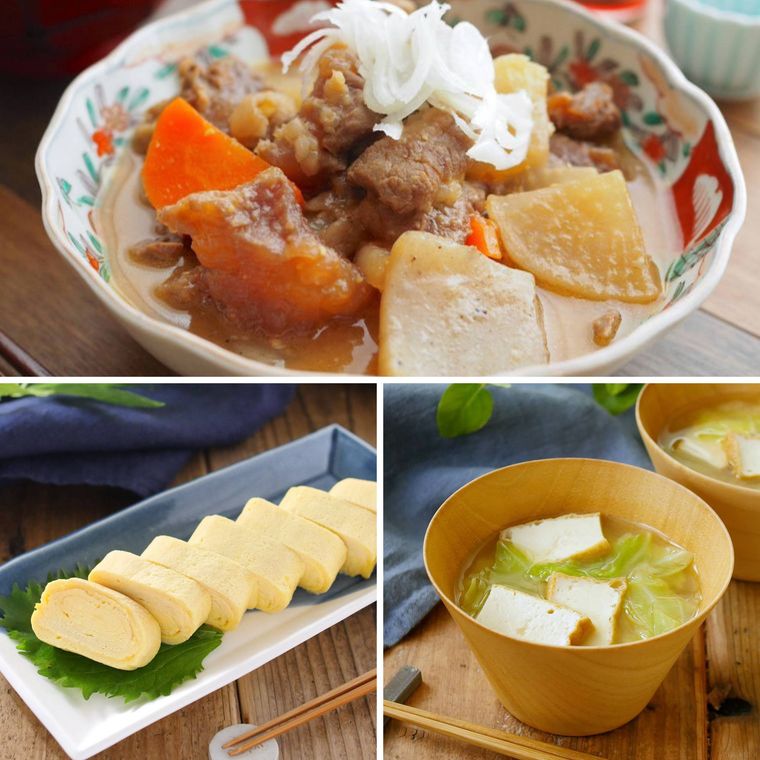 牛すじ煮込みとだし巻き卵の献立コラージュ