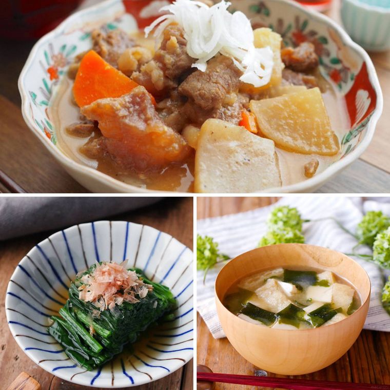牛すじ煮込みとほうれん草のおひたしの献立コラージュ